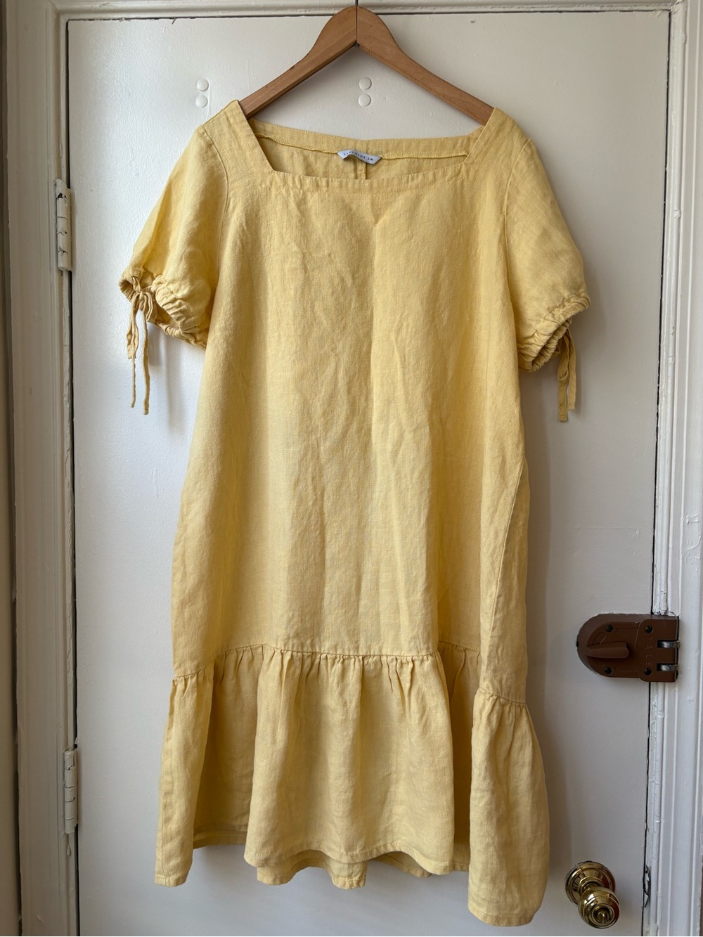 Linenfox Butter Yellow 100% Linen Square Neck Drop Waist Ruffle-Hem Dress | S/M